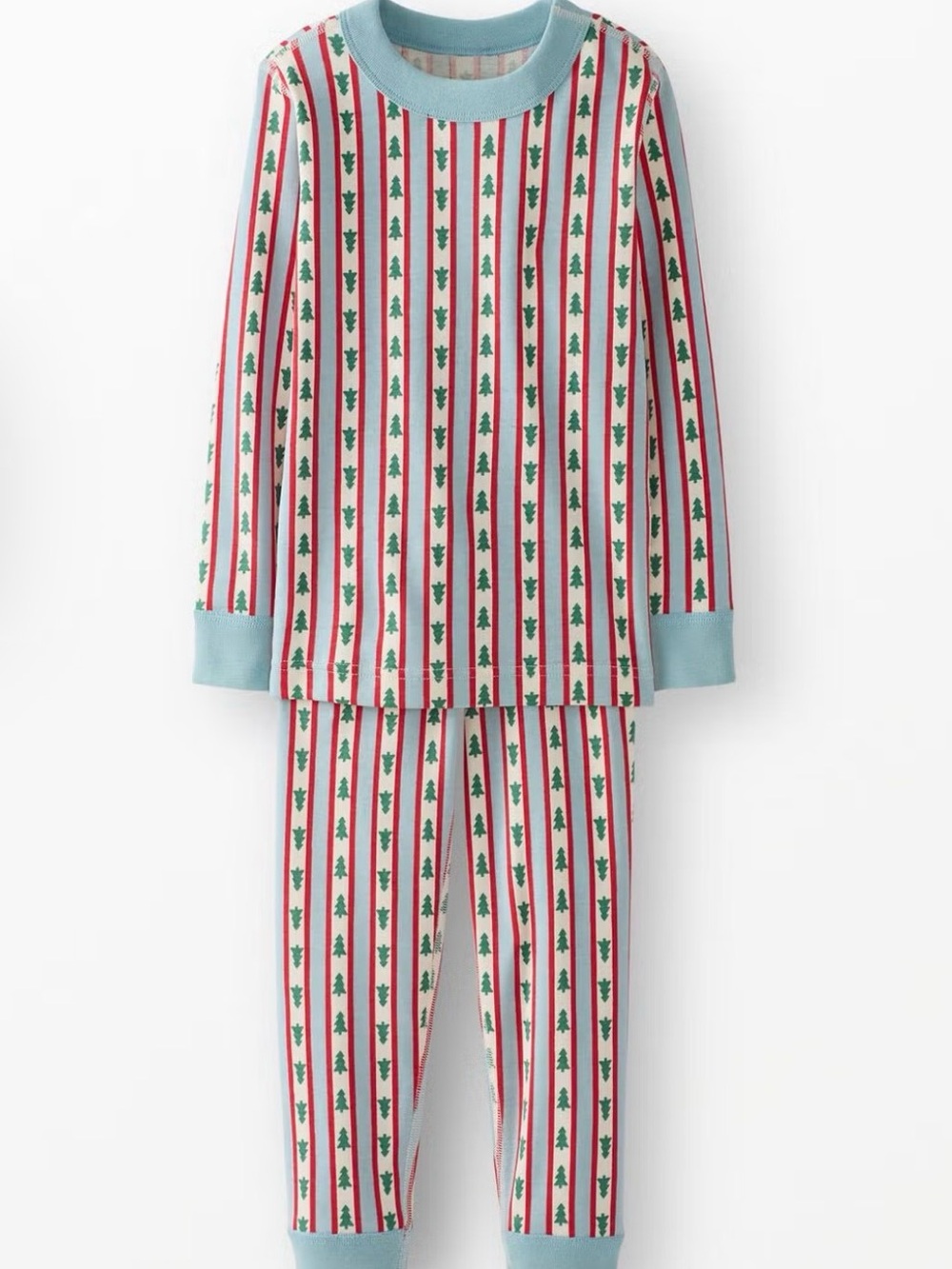 Children's Light Blue Holiday Stripe Pajama Set with Green Tree Print